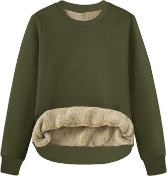 Generic Fleece Lined Pullover Tops for Women UK Casual Loose-Fit Crew Neck Sweatshirts Comfy Soft Plush Thermal Top Fall Winter Warm Thick Sweater Shirts for 