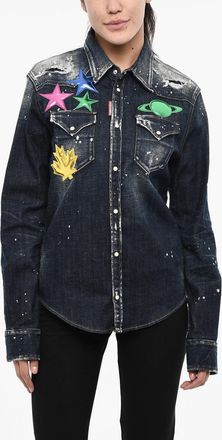 Dsquared2 Camicia in Denim Effetto Vintage con Dettagli in Pelle metallizzata Dsquared2