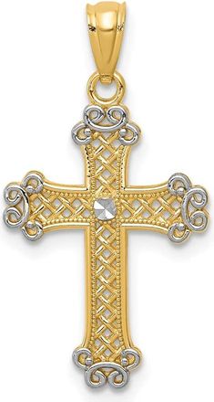 Diamond2Deal 14k Yellow Gold Rhodium Diamond-cut Filigree Cross Pendant