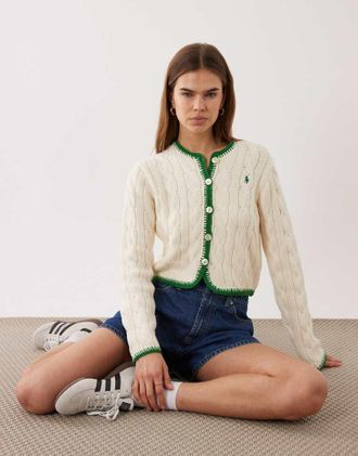 Polo Ralph Lauren Cardigan color crema con bordi a contrasto-Bianco