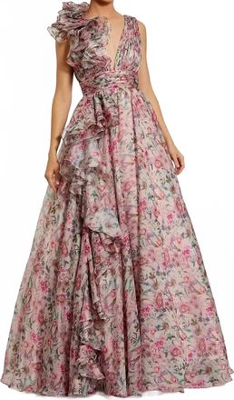 Mac Duggal Floral Chiffon Ruffle Ball Gown In Pink Multi