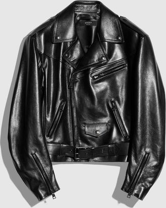 Gucci Shiny Calf Leather Biker Jacket, Size 46 IT, Black