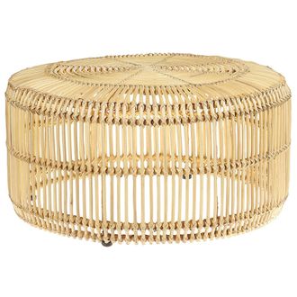Beliani Beliani - Mesa De Centro De Rat&aacute;n Natural 84 Cm Estructura De Hierro Forma De Tambor Exterior Interior Boho R&uacute;stico Limni