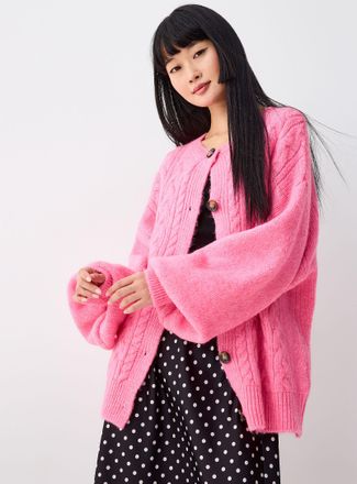 Twik Womens Puff-sleeve cable-knit Cardigan Sweater