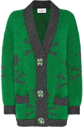 Philipp Plein Lurex Mohair Cardigan V Neck Skull & Bones - Dames - Vesten - Groen - L - Wol - Truien & Vesten