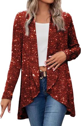 Generic Sequin Cardigan for Women UK Sparkly Shiny Sequins Jacket Glitter Ladies Elegant Open Front Coat Metallic Cover Up Casual Lightweight Shrug High-Low H