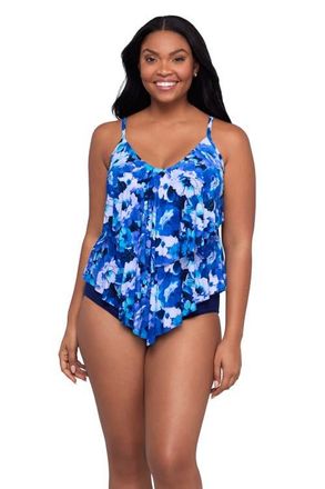 Trimshaper Ronnie 2 Tier Ruffle Tankini Swimsuit Top in Violet Blossoms at Nordstrom, Size 12