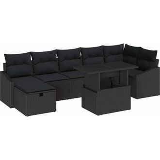 vidaXL Conjunto De Sof&aacute; De Jard&iacute;n Con Coj&iacute;n 8 Pcs Negro Polirat&aacute;n