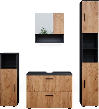 Vicco Conjunto De Muebles De Ba&ntilde;o Irma, Oro Power Roble/antracita, 4 Piezas, Con Cajonera Y Armario Alto