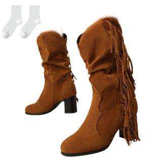 Generic Womens Mid-Calf Boots with Block Heel, Fashionable Riding Boots in Suede Look with Pleated Design And Fringe, Comfortable Slip-On Boots in Plus Sizes 