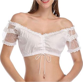 Generic Traditional Dirndl Blouse V Collar Stand Up Blouses Mesh Sheer German Beer Tops Elegant October Festival Costume Short Sleeve Neck Shirt Womens for Wo