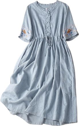 Generic Denim Dresses for Women Summer Dresses Womens Cotton Linen Garment Summer Embroidered Sleeve A Line Comfy Cotton Maxi Dress Trendy Vacation Clothes Fa