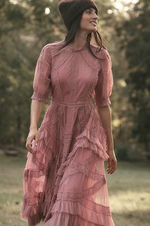 Mac Duggal Short-Sleeve Mock-Neck Ruffled Midi Dress