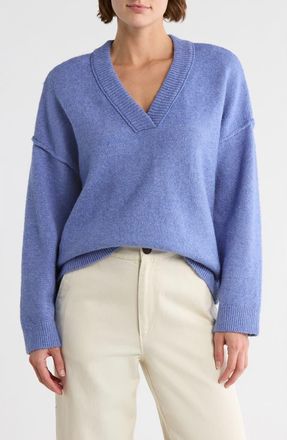 Melrose and Market Rib Trim V-Neck Sweater in Blue Denim at Nordstrom Rack, Size X-Small