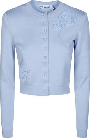 Self Portrait Blue Flower Appliqu&eacute; Cropped Knit Cardigan