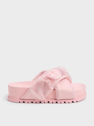 Charles & Keith Satin Flower-Applique Crossover Sandals