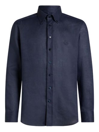 Etro Pegaso-embroidered linen shirt - men - Linen/Flax - 39 - Blue