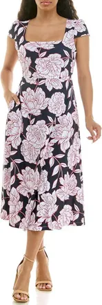 Nina Leonard Floral Cap Sleeve Fit & Flare Dress in Navy/Red/Ivory at Nordstrom Rack, Size X-Large