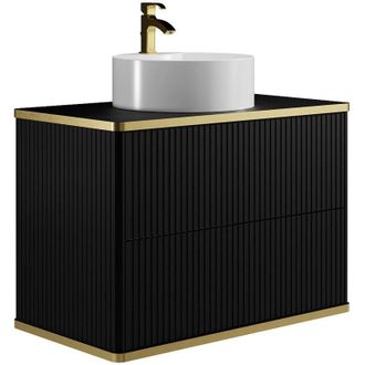 Vente-Unique Mobile per bagno sospeso con scanalature con profilo dorato e lavabo da appoggio tondo Nero 80 cm - keliza