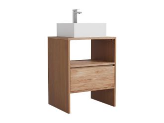 Vente-Unique Mueble de ba&ntilde;o de roble macizo con lavabo cuadrado sobre encimera y grifo - Natural claro - 60 cm - CAVIZO