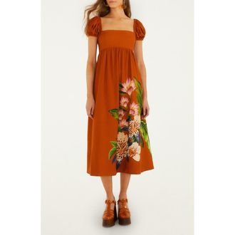 Farm Rio Hilo Arrangement Linen Blend Midi Dress in Sand at Nordstrom, Size Xx-Small