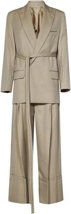 Victoria Beckham Belted Tailored Beige Dress In Virgin Wool