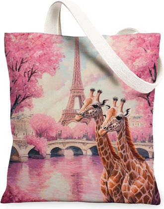 Generic Canvas Tote Bag for Shopping 13x15, Eiffel Tower Animal Couple Reusable Grocery Print Bag for Women, Wildlife Beach Aesthetic Painting Gift Decor