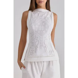 House of CB Valencia Broderie Anglaise Boat Neck Top in White at Nordstrom, Size X-Small