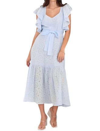 HYFVE Mackenzie Eyelet Tiered Ruffle Sleeve Maxi Dress In Light Blue