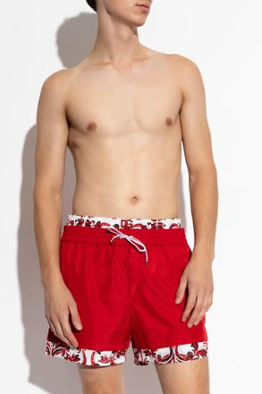 Dolce & Gabbana Swim Shorts With Majolica Print, Mens, Red