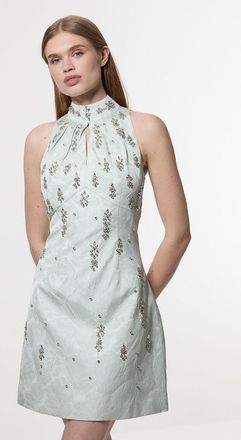 Karen Millen Womens Texture Jacquard Crystal Embellished High Neck Woven Mini Dress - Green - Size 16 UK