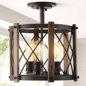 Jonathan Y Designs Ferme 14 3-Light Iron Rustic Farmhouse LED Flush Mount