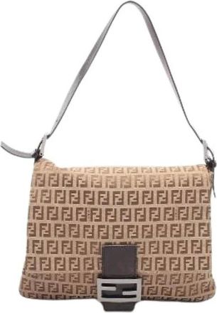 Fendi Pre-owned Shoulder Bags, female, Beige, Size: ONE SIZE Pre-owned Mamma Baguette Zucchino Canvas Leather Shoulder Bag