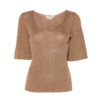 Twinset Round-neck Knitwear, female, Brown, Size: XS Round-neck Lurex Top