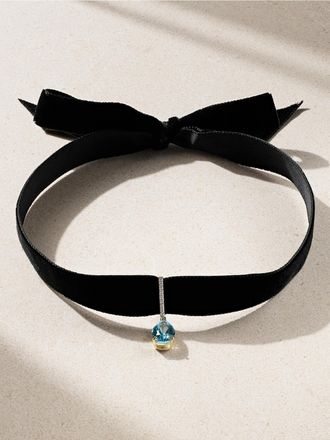 Mateo Bijoux Choker In Velluto E Oro 14 Carati Con Topazio E Diamanti - Nero