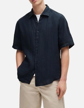 HUGO BOSS Mens Boss Rash 2 Linen Short Sleeve Shirt - Navy - Size: Regular/40