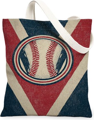 Generic Vintage Baseball Canvas Tote Bags, Retro Sports Design Reusable Grocery Bags, Lightweight Washable Shoulder Strap Canvas Fo, Red, 13x15 Inch