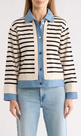 Nanette Lepore Stripe Denim Mix Media Sweater in Cream/Black/Denim at Nordstrom Rack, Size X-Large