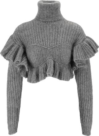 Elisabetta Franchi Cropped Ruffled High-Turtleneck Knit Sweater