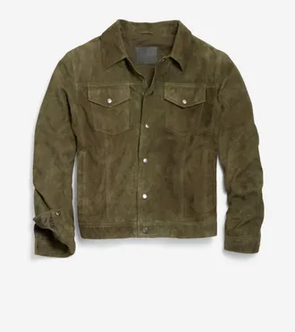 Cole Haan Mens Suede Trucker Jacket - Green Size Medium