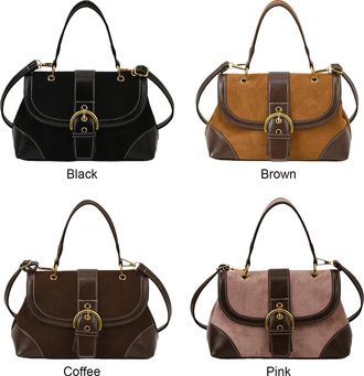 Generic Cymwer Women Faux Suede Shoulder Bag W/Belt Buckle Tote Handbag for Travel Work (Black)