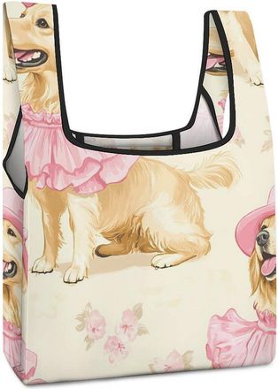 Generic Cute Retriever Dogs Wearing Skirts Reusable Shopping Bags Lightweight Foldable Grocery Bag Polyester Washable Tote Bag