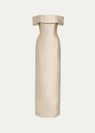Markarian Clover Metallic Floral Jacquard Off-The-Shoulder Column Gown