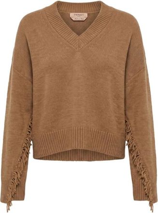 Twinset 262Tt3211 V-hals trui met franjes - Dames - Truien - Bruin - Maat: M Wol