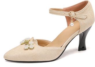 Generic Womens Pointed Toe Pumps Suede Ankle Strap Pearl Flower Accent Kitten Heel Cushioned Insole Anti-Slip Durable Sole Comfortable Fit,Beige,6.5 UK