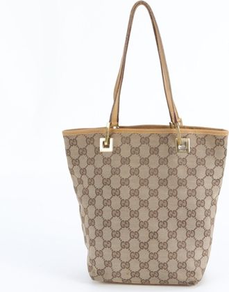 Gucci Brown Leather Canvas Handbag Shoulder Bag Tote Bag (Pre-Owned)