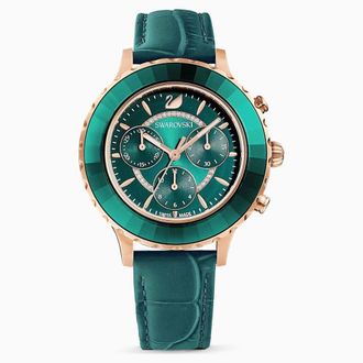 Swarovski Octea Lux Chrono Horloge, Leren Band, Groen, Rose-Goudkleurig PVD