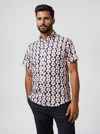 Stone Rose Tencel Stretch Oversized Floral SS Button-Up Shirt in Navy at Nordstrom, Size Xx-Large