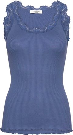 Rosemunde Spitzentop ROSEMUNDE Babette Silk Top, Damen, Gr. XXL, jeansblau, Feinstrick, Obermaterial: 70% Seide, 30% Baumwolle, k&ouml;rpernah h&uuml;ftbedeckend, Rundhal