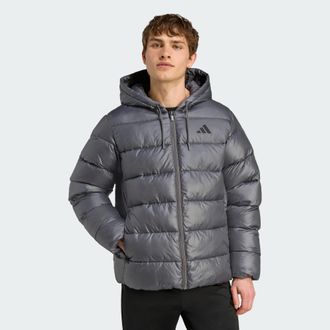 adidas Mens Essentials CLIMAWARM Synthetic Down Puffer Hooded Jackets - Black/Dark Grey - Size X-Large